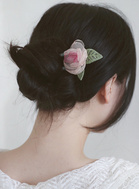 渐变粉玫瑰花U型发簪发钗簪子