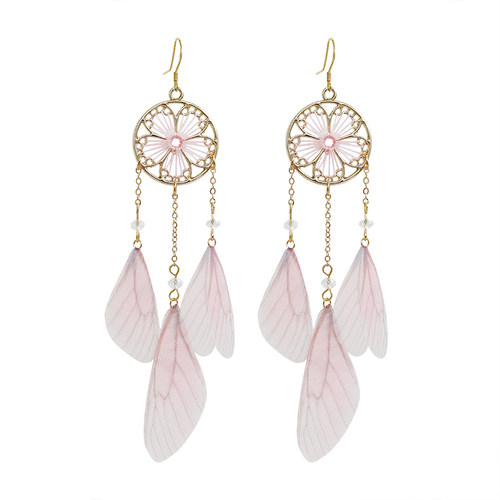 捕梦网造型梦幻耳坠 粉色蝴蝶翅膀流苏长耳环 仙气度假无耳洞耳夹 - 图3