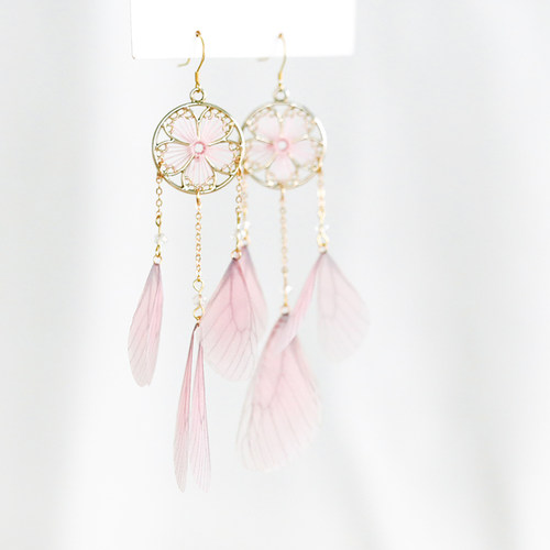 捕梦网造型梦幻耳坠 粉色蝴蝶翅膀流苏长耳环 仙气度假无耳洞耳夹 - 图0