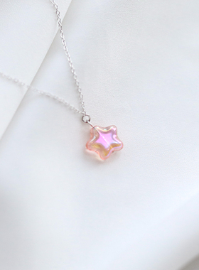劳拉的星星 偏光透明磨砂琉璃珠项链 925纯银五角星敲可爱锁骨链