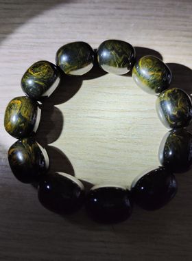 中东蜜蜡古董蜜蜡横纹墨绿雪山桶珠手串本来绿色氧化变黑了