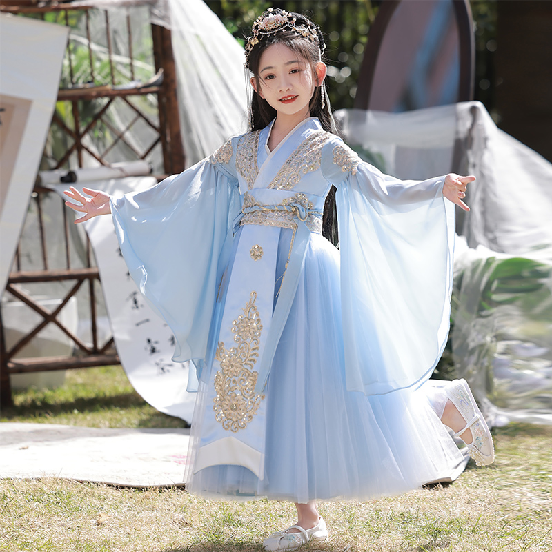 女童汉服绝美中国风儿童古装汉服超仙古风唐装蓝色夏季国风公主裙