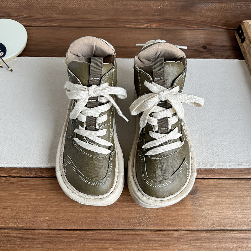 森系复古真皮厚底马丁靴短筒靴松糕跟后系带中跟女头层牛皮女靴子,淘宝优惠券,粉丝福利购,淘宝优惠卷