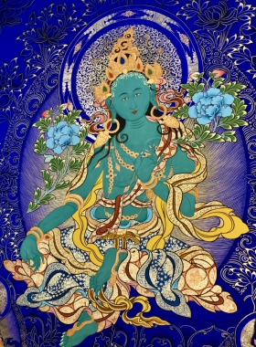 青海热贡才让端周矿物颜料纯手绘唐卡装饰挂画蓝金彩绿度母85×60