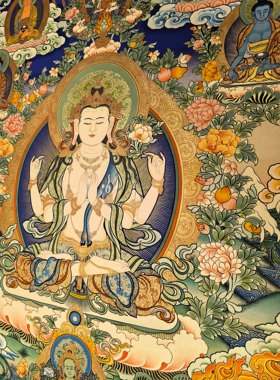 热贡画僧仁青才让矿彩手绘佛卡意境观想唐卡装饰画四臂观音80×60