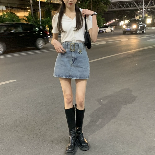 Весенний ремень, джинсовая юбка, А-силуэт