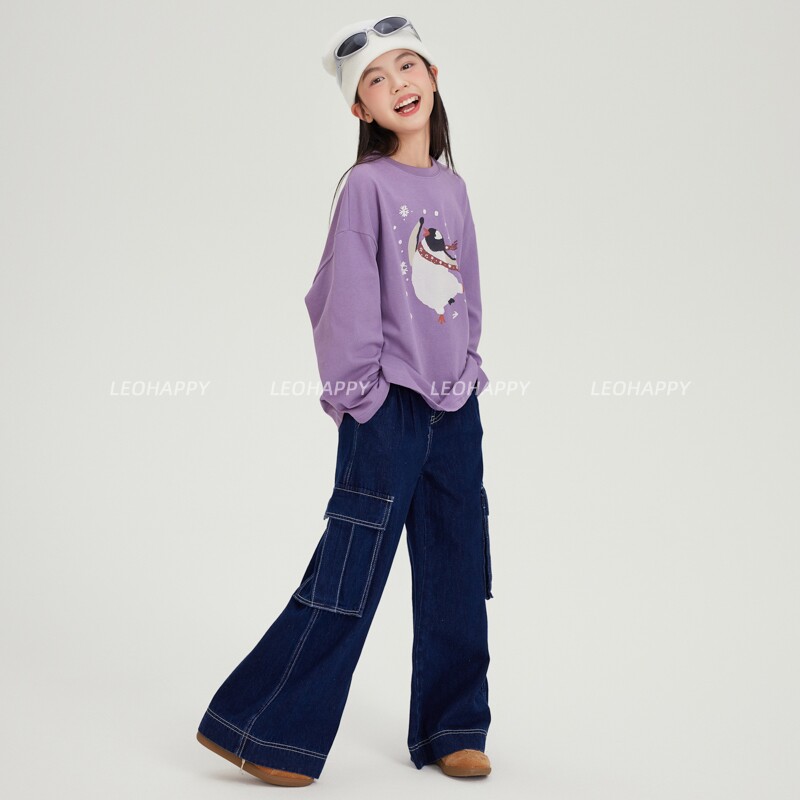 leobaby女童牛仔裤春秋款儿童裤子工装裤复古休闲裤中大童直筒裤