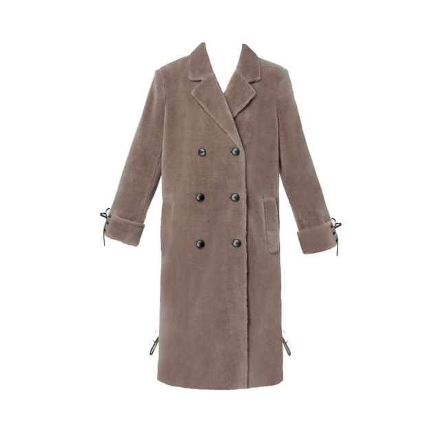 VOCK 摩卡棕 美拉德辣妹保暖廓形感羊羔毛绒皮系带中长款大衣外套