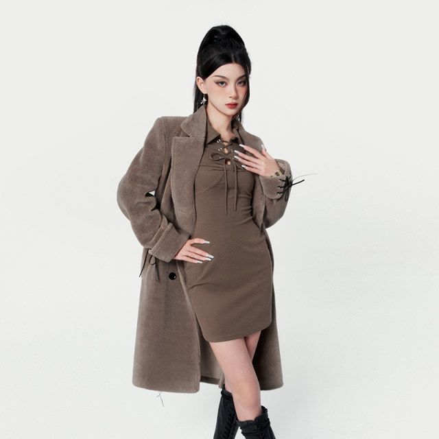 VOCK 摩卡棕 美拉德辣妹保暖廓形感羊羔毛绒皮系带中长款大衣外套