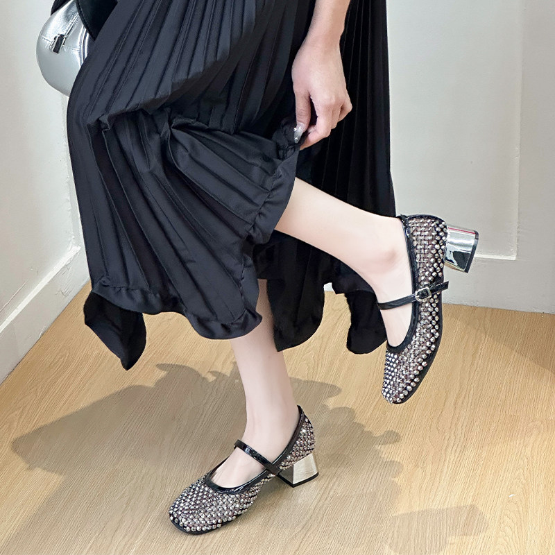 网纱水钻透气一字扣平底玛丽珍鞋女浅口单鞋2025夏新款小众芭蕾鞋,淘宝优惠券,粉丝福利购,淘宝优惠卷