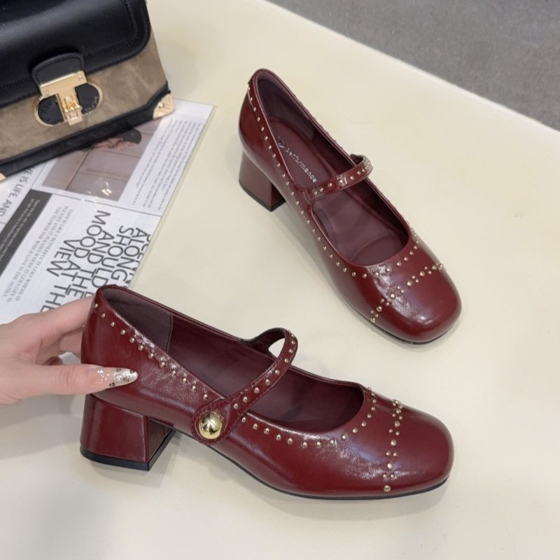欧美浅口百搭铆钉通勤玛丽珍高跟鞋女方头粗跟一字扣复古春秋单鞋,淘宝优惠券,粉丝福利购,淘宝优惠卷