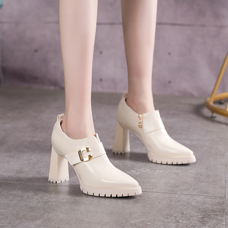 英伦风时尚尖头高跟鞋女2024年春季新款粗跟侧拉链皮带扣深口单鞋,淘宝优惠券,粉丝福利购,淘宝优惠卷