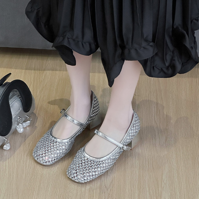 网纱水钻透气一字扣平底玛丽珍鞋女浅口单鞋2025夏新款小众芭蕾鞋,淘宝优惠券,粉丝福利购,淘宝优惠卷