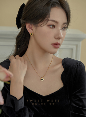 甜西士多黑玛瑙爱心项链耳钉