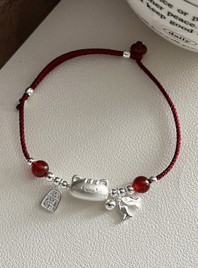 925纯银平安喜乐猫咪小鱼手链女新中式甜美手工编制红绳手饰B3100