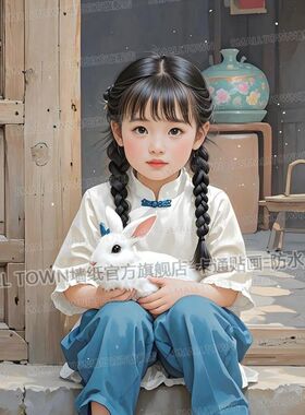 复古旧时光可爱小姑娘抱兔子图海报墙贴画儿时回忆装饰画防水自粘