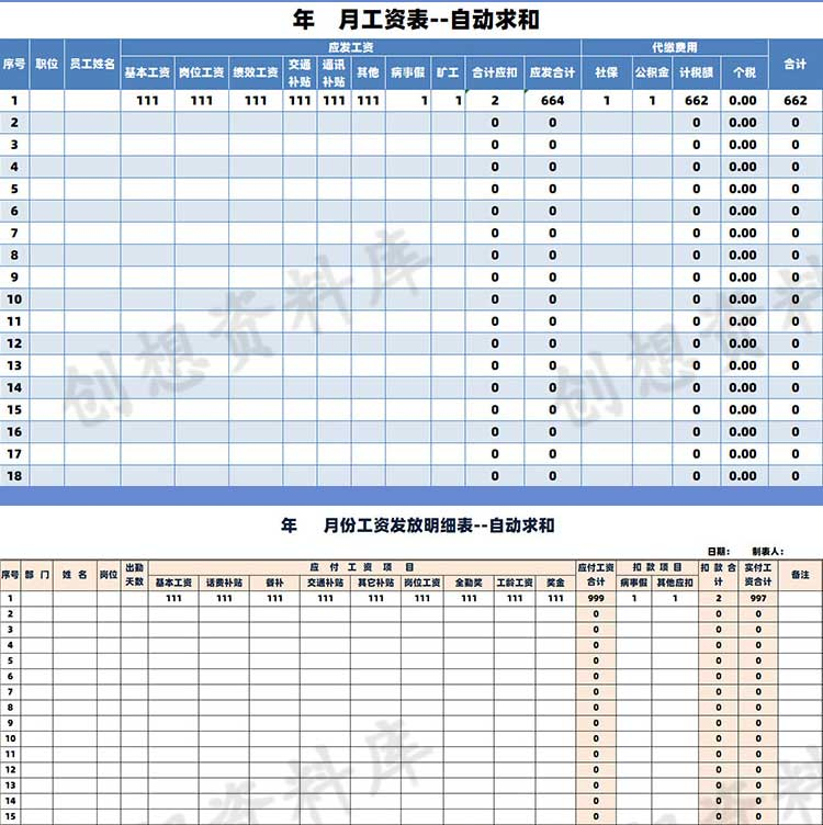 公司员工工资表模板excel电子版职工月份工资发放明细表格工资单 - 图0