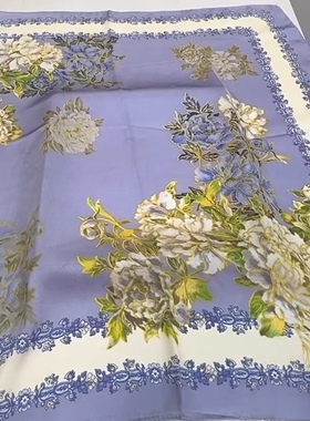 紫色花丛70*70cm丝巾方巾百搭围巾仿真丝缎面丝巾