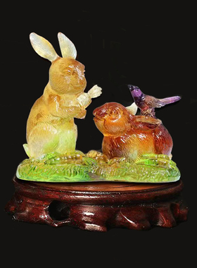 2026属兔吉祥物灵兔报喜琉璃摆件