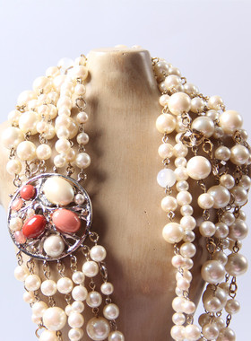 法式油画风水晶多层珠宝磁扣项链