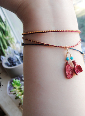 双春双喜定制原创设计朱砂双线本命年密宗红半金编织红绳手链男女