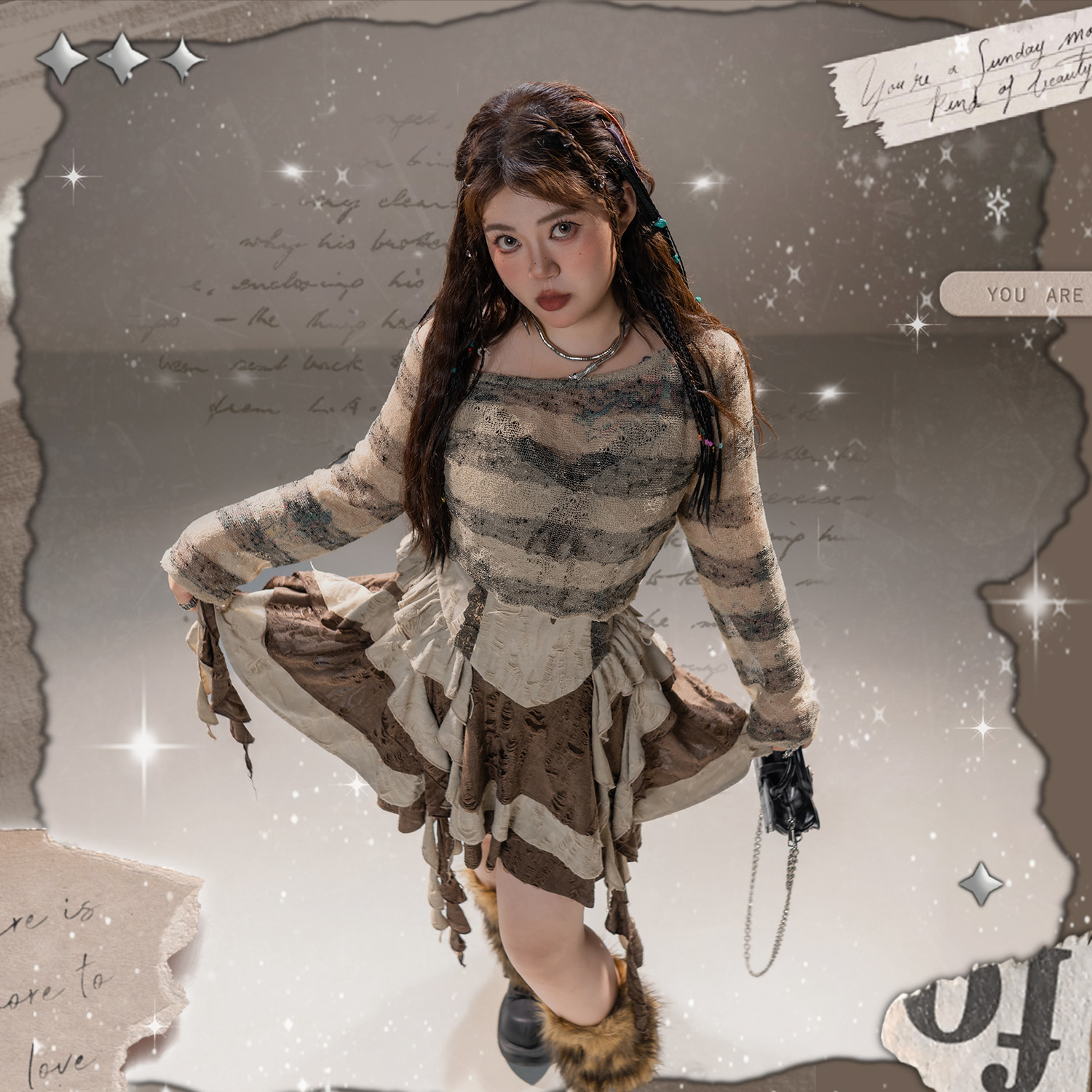 硬糖大码原创 流浪 废土风连衣裙套装罩衫上衣夏季,淘宝优惠券,粉丝福利购,淘宝优惠卷