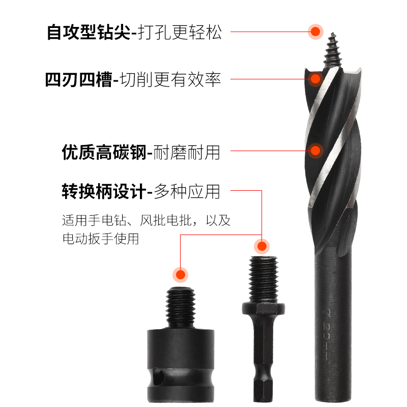 木工支罗钻四槽四刃木工钻头套装门锁抽屉开孔扩孔钻开孔器六角柄