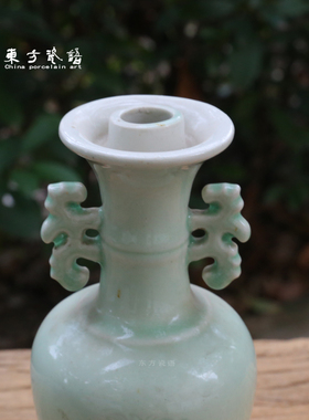 七八十年代国营汝瓷厂作品煤烧刻龙纹烛台摆件老汝瓷