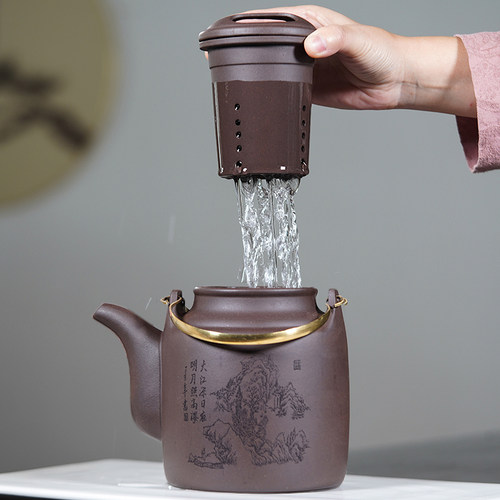 大茶壶内胆过滤茶壶大容量大号紫砂壶铜提梁洋桶壶半手工大紫砂壶 - 图2
