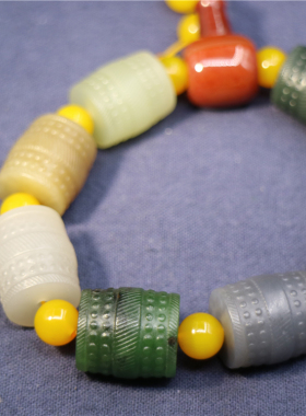 和田玉手链白玉手饰翡翠莲花手串路路通多彩算盘腰鼓仿古玉雕神绚