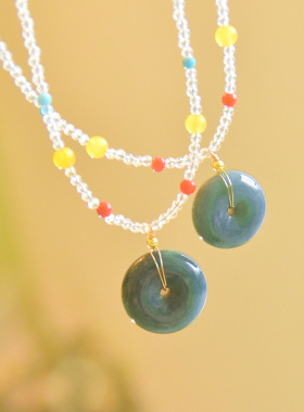 蓝水翡翠平安扣项链女夏彩色甜美锁骨链碧玉平安扣吊坠轻奢新中式