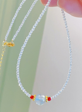 新款蓝水晶海蓝宝项链女小众高级感新中式颈链吊坠锁骨链百搭配饰