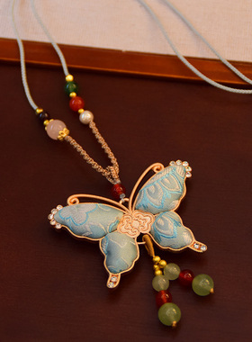 非遗仿宋锦双面蝴蝶项链女款新中式毛衣链吊坠国风旗袍挂件配饰品