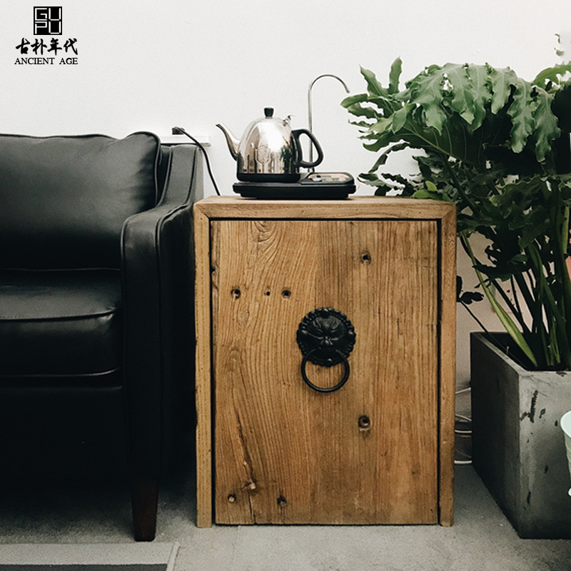 古朴实木茶水柜简约现代原木小餐边收纳台架新中式家具老榆木角柜 - 图0