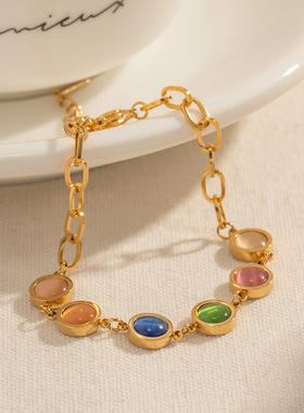 时尚天然石手链18k金不锈钢幻彩猫眼石手链钛钢不掉色个性女手链