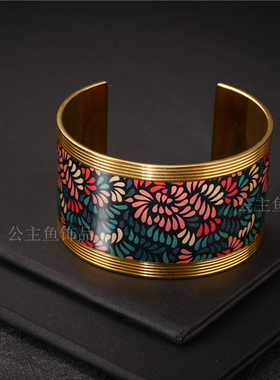 欧美外贸亚马逊热卖欧美风千叶彩绘钛钢镀K金不掉色手镯