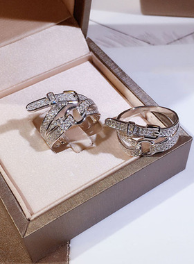 创意镶钻皮带扣活口戒指纯银