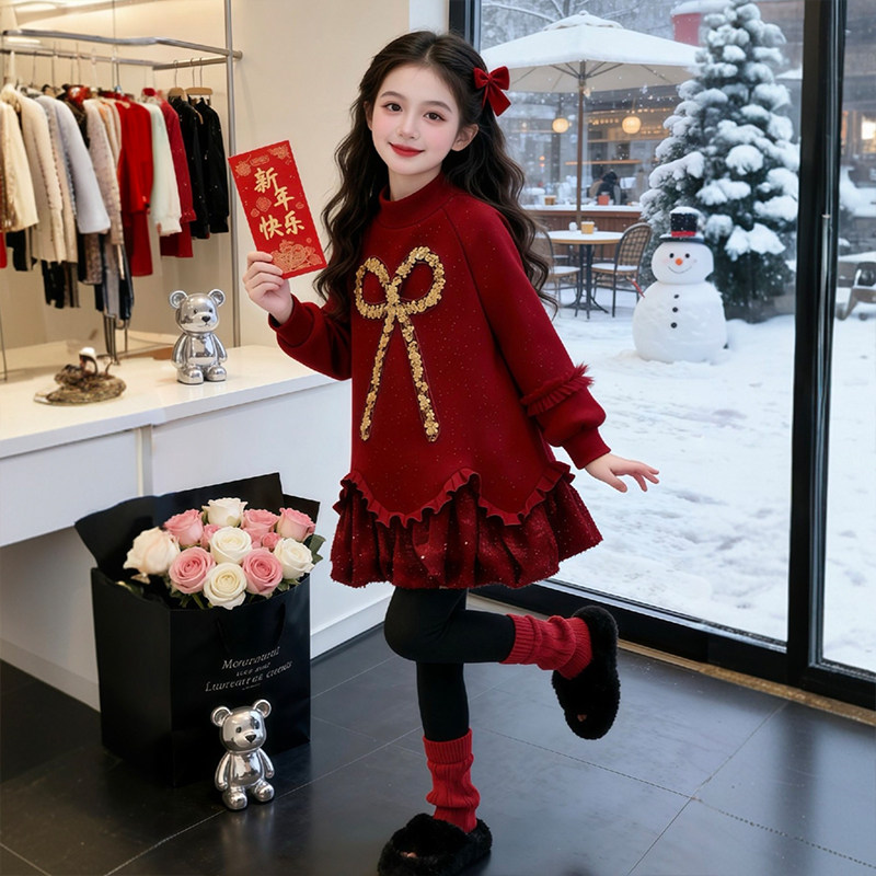 女童冬季拜年服卫衣裙2025新款儿童加绒连衣裙冬装女孩洋气秋冬款,淘宝优惠券,粉丝福利购,淘宝优惠卷