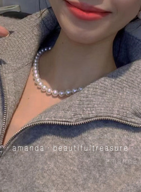 气质珍珠法式高级感白色珍珠项链 短款毛衣链经典简约叠戴锁骨链