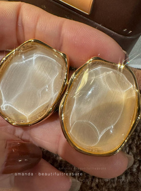 设计师款金色椭圆大耳钉法式