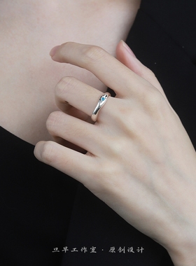 旦早原创999足银芒星镶钻情侣对戒小众设计闭口戒指一对定制刻字