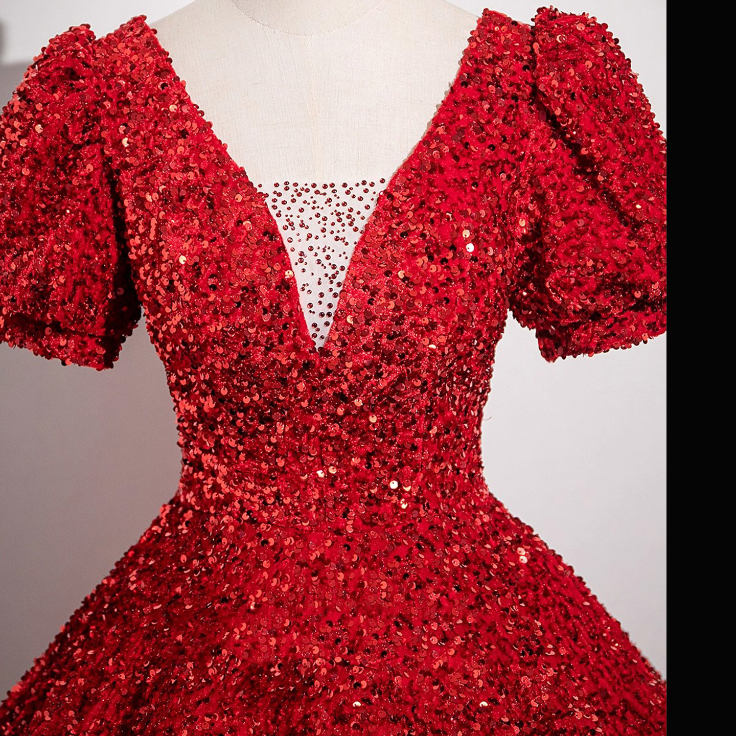 女童礼服高端大气红色亮片短袖V领大裙摆小主持人模特走秀演出服,淘宝优惠券,粉丝福利购,淘宝优惠卷