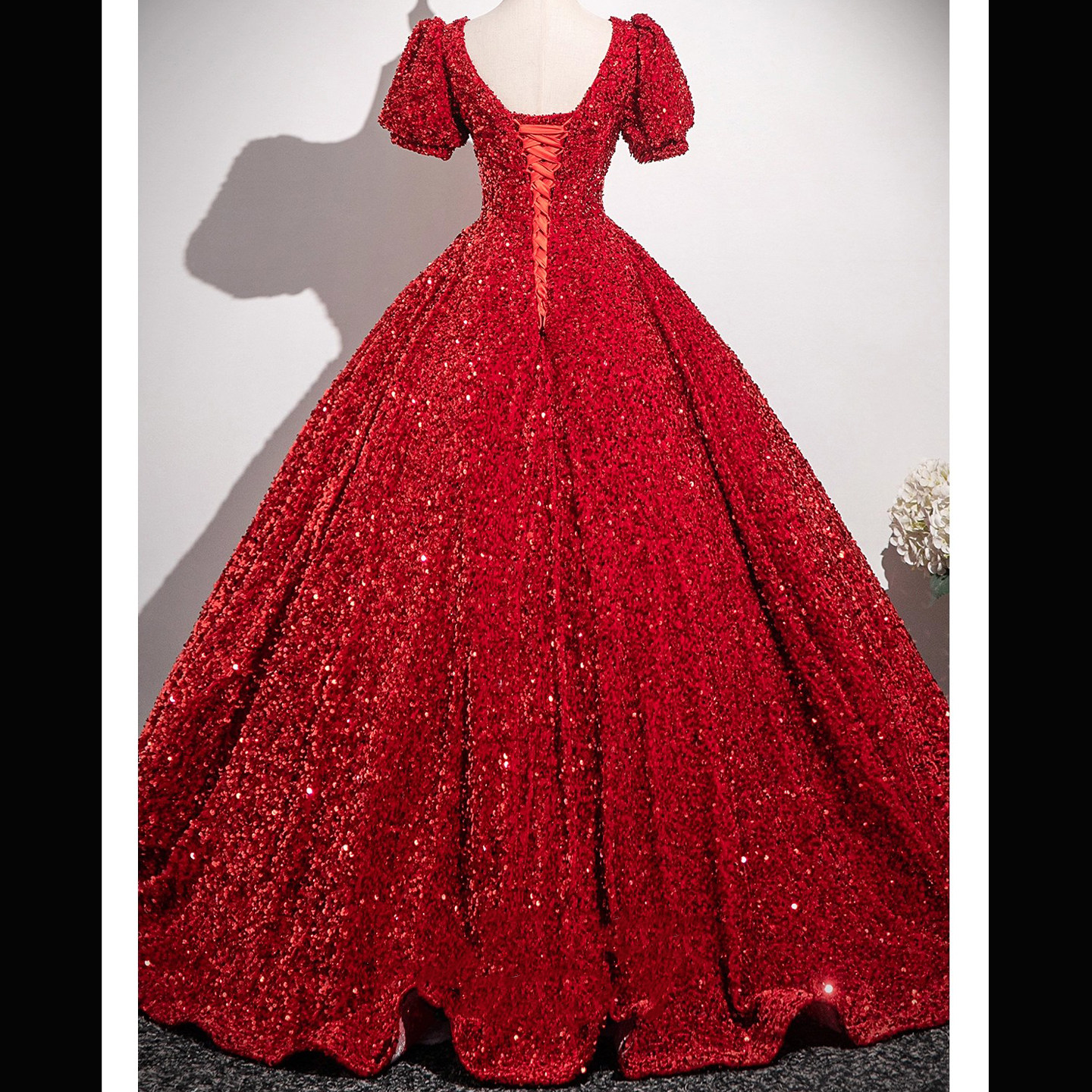 女童礼服高端大气红色亮片短袖V领大裙摆小主持人模特走秀演出服,淘宝优惠券,粉丝福利购,淘宝优惠卷