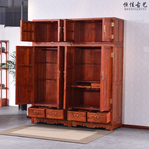 中式红木古典全实木明清仿古南榆木家具顶箱衣柜 雕花双门大衣橱 - 图0