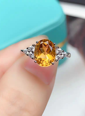 新品轻奢时尚天然黄水晶戒指女银镀18K金指环网红小红书爆款礼物