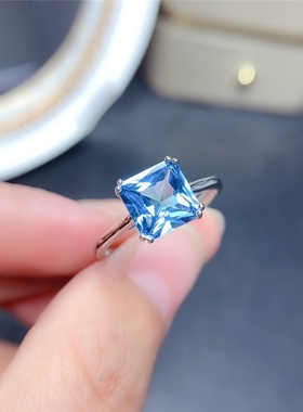 天然托帕石方戒面戒指水晶宝石女指环流行小清新纯银镀白金礼物