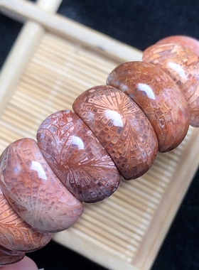 天然珊瑚玉月牙手排收藏精品红色凤纹尾手牌立体纹路颜色明鲜手链