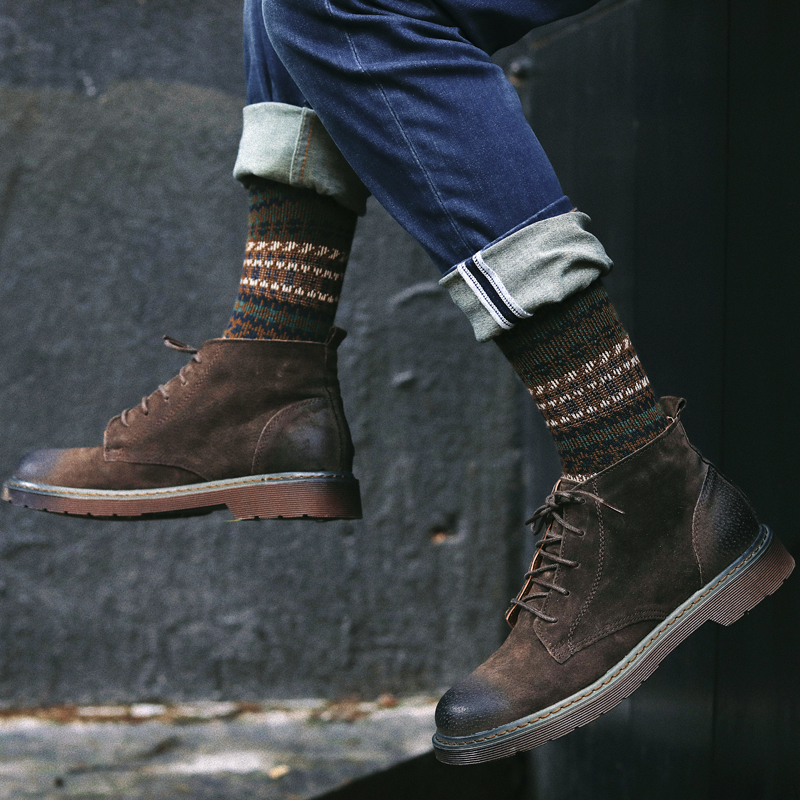 民族风复古无骨毛线袜子男纯棉中筒袜长彩色艺术秋季潮靴袜情侣袜 - 图1