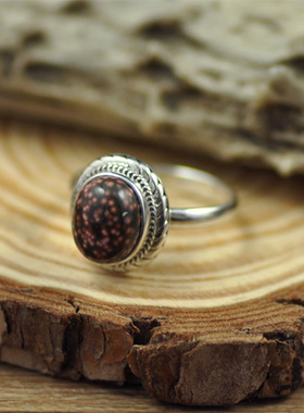 纯银椭圆形镶嵌天然纹理玛瑙戒指