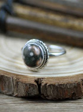 纯银椭圆形镶嵌天然纹理玛瑙戒指